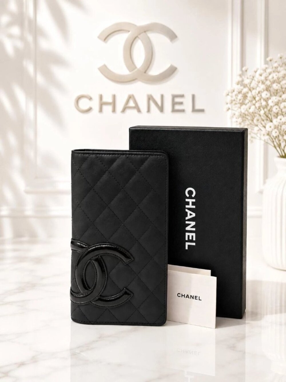 Authentic Chanel Cambon Ligne Black Quilted Leather Long Wallet